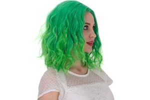Aicos Short Curly Green Wig, 35cm Fashion Green Bob Wig Perfect for Daily Dress Carnival Party Masquerade, Heat Resistant Anime Cosplay Wig with a Free Wig Cap (Bright Green Ombre)