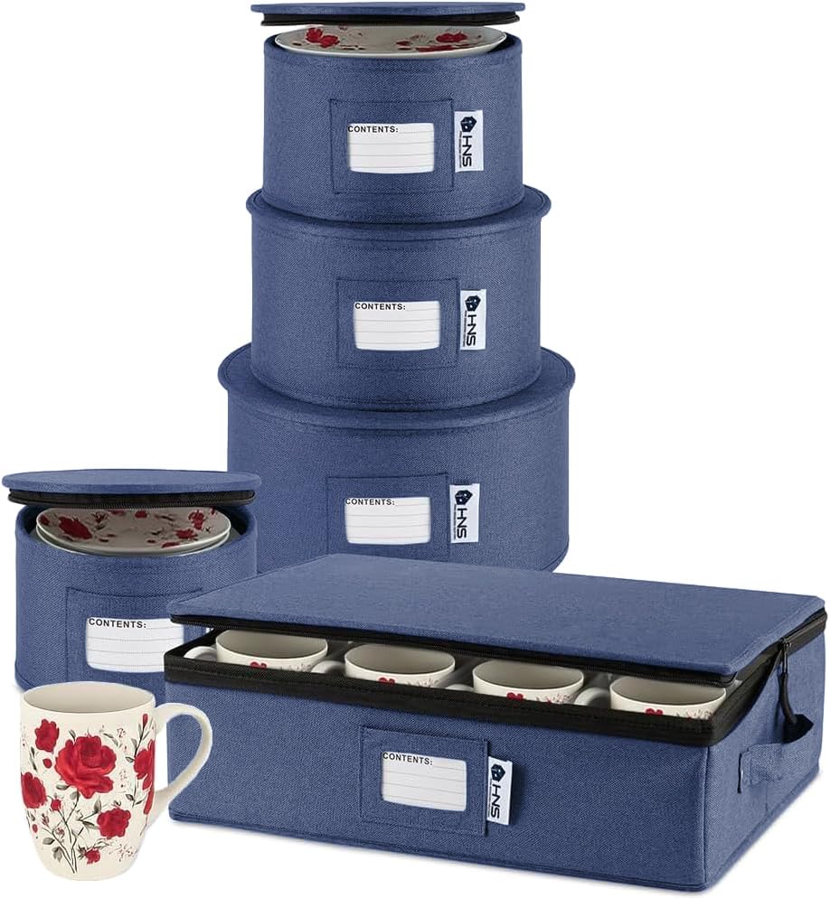 Photo 1 of Hard Shell China Storage Containers 5-Piece Set Moving Boxes for Dinnerware, Glasses, Plates, Mugs and Saucers Sturdy Dish Organizer with Dividers for Seasonal Storage - Service for 12 - Denim Blue