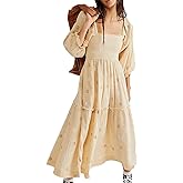 Yeenily Women Bohemian Floral Dress Lantern Sleeve Square Neck Flower Embroidered Maxi Dress Flowy High Waist Long Dress