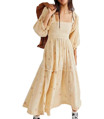 ABYOVRT Women Floral Embroidered Maxi Dress Long Puff Sleeve Square Neck Bohemian Flowy Dress with Pockets Summer Fall (Beige,S) at Amazon Women's Clothing store