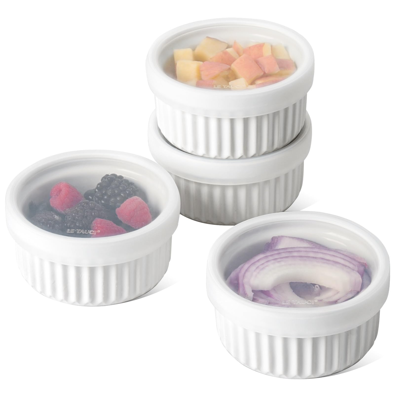 Photo 1 of LE TAUCI Ramekins with Silicone Lids, 8 OZ Ceramic Soufflé Dishes, Ramekin Bowls for Crème Brûlée, Dessert, Dips, Oven & Microwave Safe, Set of 4, White