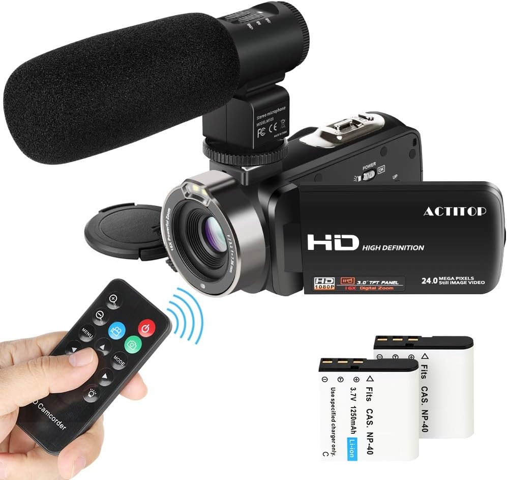 Video Camcorder,ACTITOP 1080P FHD Camcorder 24MP 16X Digital Zoom Video Camera 3.0inch Screen Face Detection LED Light Camcorder Camera with External Microphone,Remote Control,2 Batteries (HDV302)