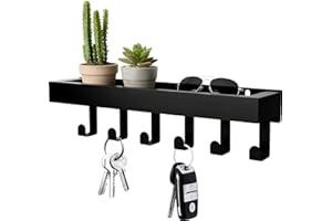 Key Holder for Wall, Decorative Wood Key Rack with 5 Vintage Hooks and Mail Holder Shelf, Rustic Key Hanger for Entryway, Off