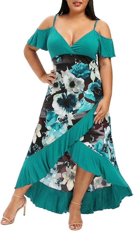 Sommerkleider Damen Langes Kleider Große Größen,Übergröße Mode Frauen Floral V-Ausschnitt Camis ...