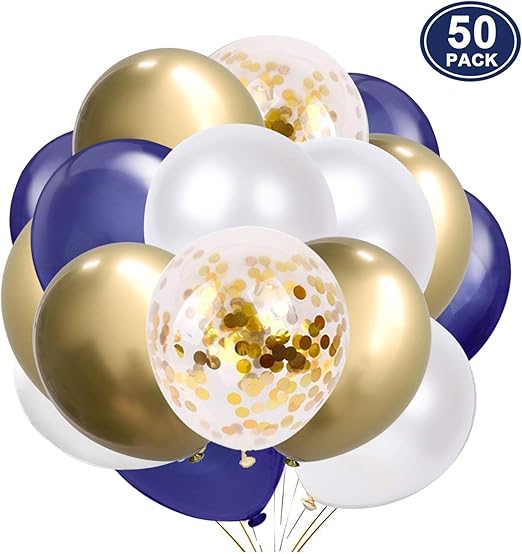 Helium Balloons SKYIOL 50 Pcs 12 inch Navy Blue Pearl White Gold Confetti Metallic Chrome Helium