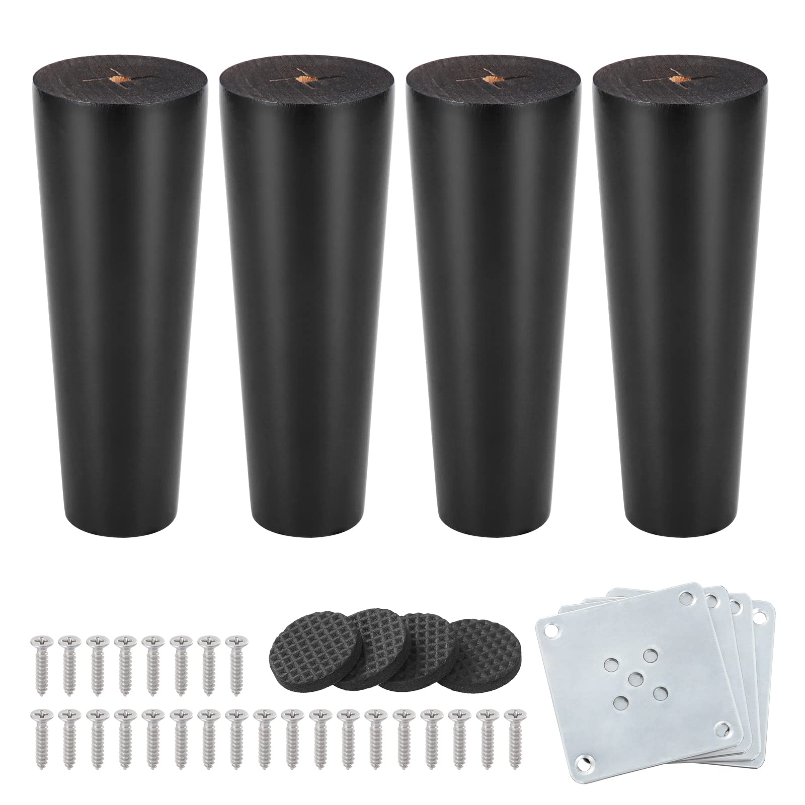 Knpwer 4 Pcs Wooden Furniture Legs,15 cm Solid Straight Wood Sofa Legs Replacement Furniture Feet with Mounting Plate, Screws and Anti Slip Mats Black
