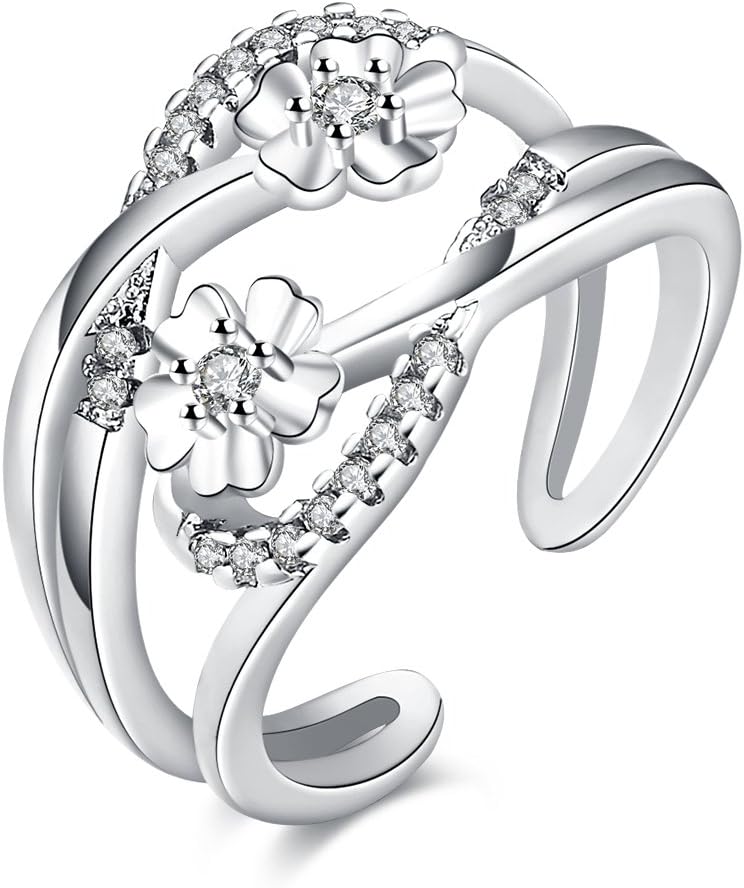 FJYOURIA Women's Adjustable Flower Finger Thumb Open Ring 18ct Rose Gold/Platinum Plated Ring with Shiny Crystal