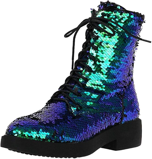 Buy Caradise Womens Lace Up Glitter Combat Boots Chunky Heel Sequin