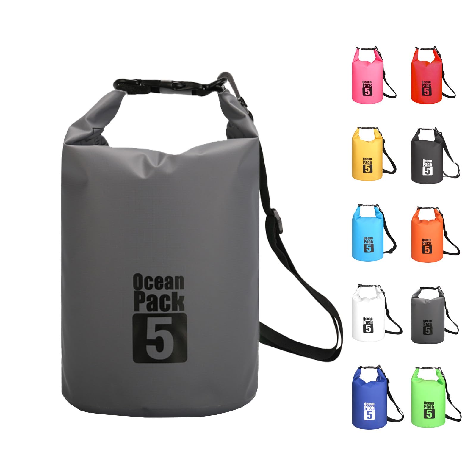 MORAINJAY 5L Grey Dry Bag,Waterproof Bag with Single Adjustable Shoulder Strap,Small Capacity Dry Sack 2L 5L 10L 15L 20L 30L for Outdoor Camping,Rafting,Swimming,Boating,Surfing