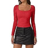 QINSEN Chic Floral Lace Crop Tops for Women Slimming Fit Long Sleeve Square Neck Going Out Basic Shirts