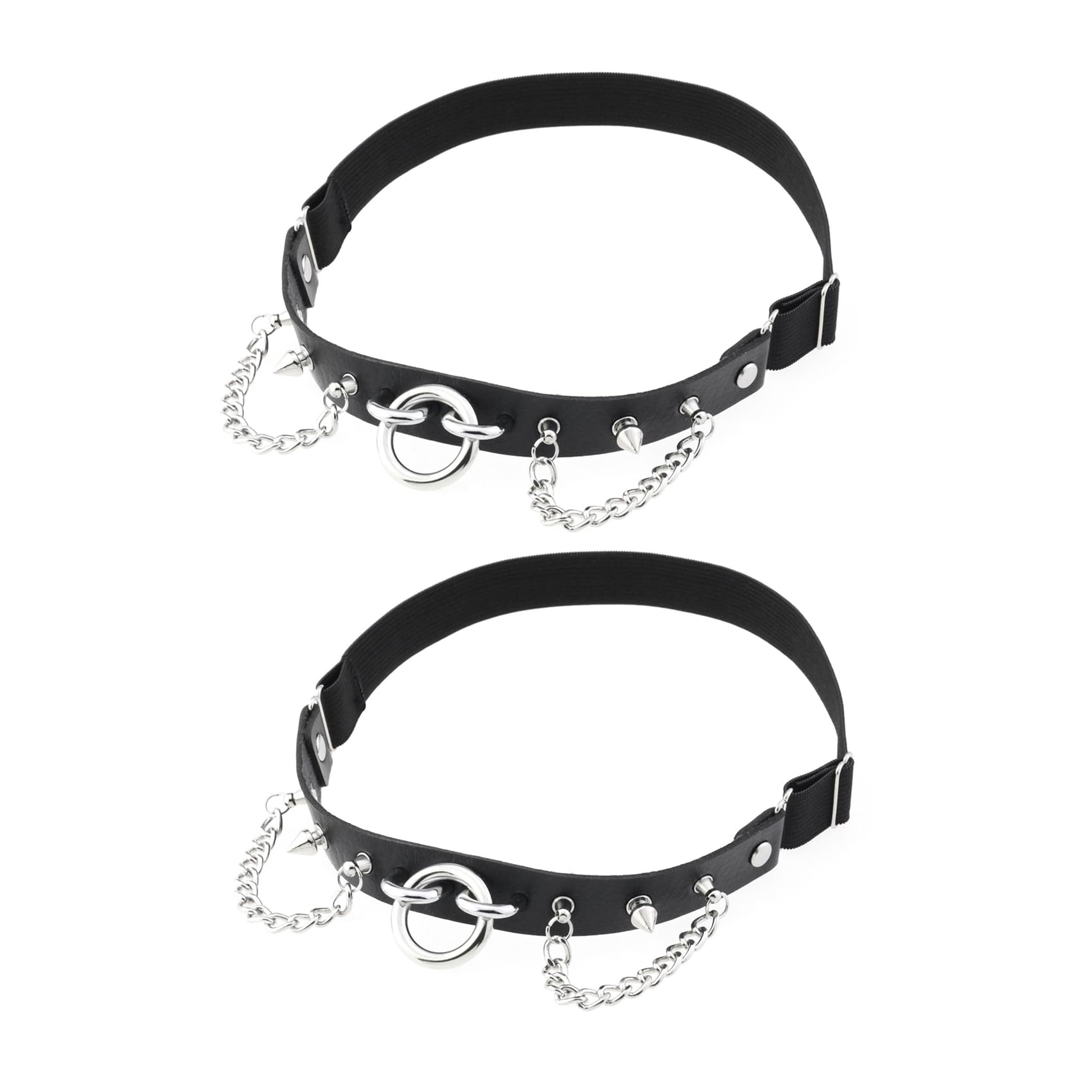 2PCs Adjustable Studded O-ring Leg Garter, Elastic Punk Thigh Garters with Chains for Women Parties, Black