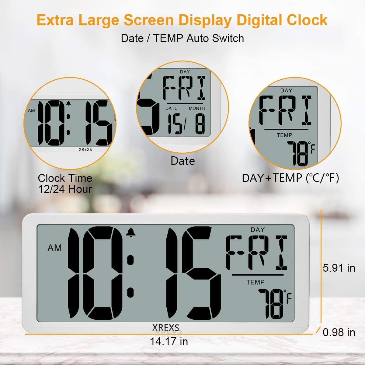 XREXS 15 Inch Large Digital Wall Clock, Battery Operated with Auto DST, Day, Date, Alarm & Temperature - Image 4