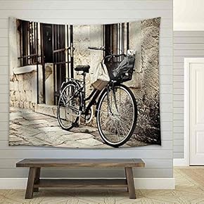 Old Bicycle with Basket and Shopping Bag, Parked in The Narrow Cobble Street - Fabric Wall Tapestry Home Decor - 51x60 inches