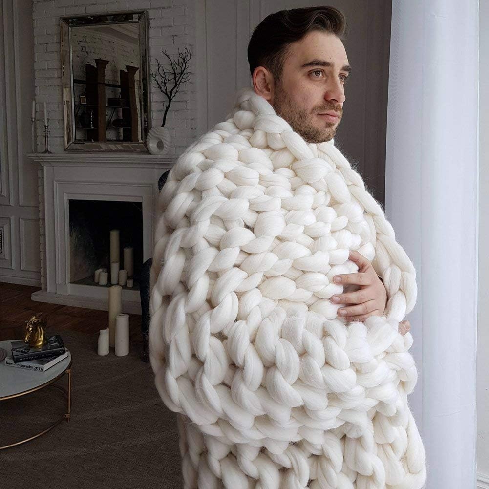clootess Chunky Knit Blanket Merino Wool Hand Made Throw Boho Bedroom Home Decor Giant Yarn (Ivory White 40"x60")