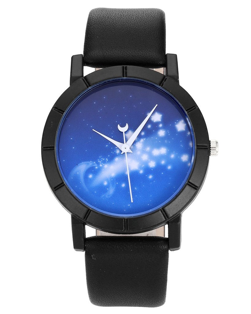 Top Plaza Amazing Starry Cosmos Womens Fashion Analog Quartz Watch With Black PU Leather Band - Starlight