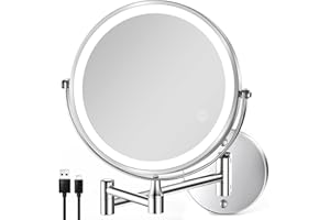 8.5 Inch Rechargeable Wall Mounted Lighted Makeup Mirror, Double-Sided 1X/10X LED Magnifying Vanity Mirror with Lights, 3 Col