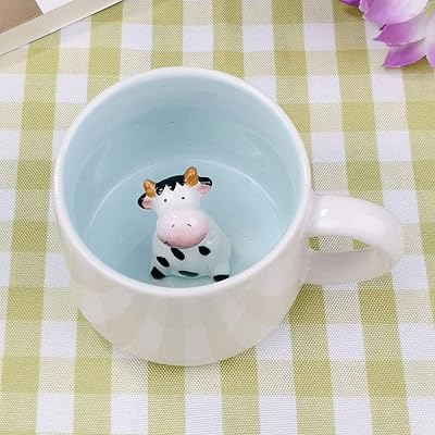 LOZACHE 3D Cow Mug 12oz Cute Inside Cartoon Handmade Figurine Milk Tea Cup