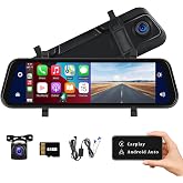 Rear View Mirror Camera with Carplay&amp;Android Auto,9.66" 1080P Mirror Dash Cam Front and Rear with Voice Control,Night Vision,Parking Monitoring,Reverse Assist Free 64GB Card for Cars&amp;Trucks