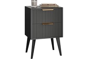 YAUKOMEL Small Night Stand,Bedside Table,Black Nightstand with 2 Storage Drawers,Fluted Side Table with Solid Wood Legs,Mid C