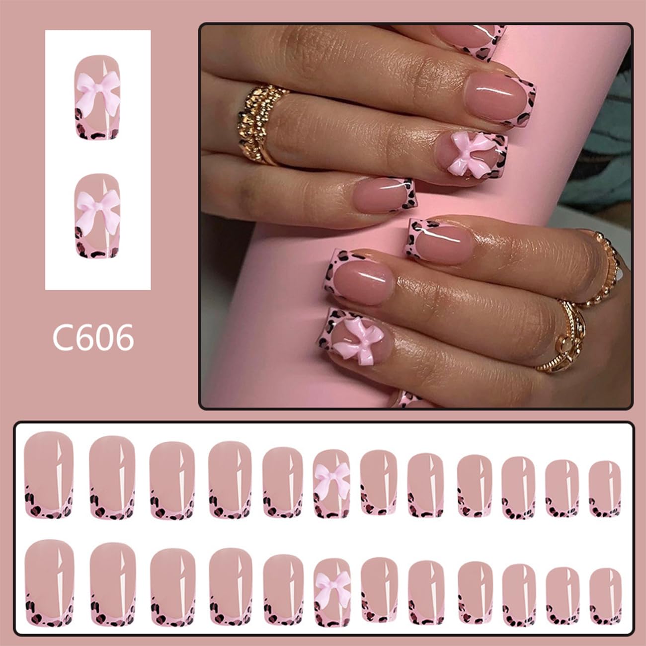 24Pcs Leopard French Tip Press on Nails Short Square Fake Nails Pink Glossy Bow Designs Full Cover Nude Glue on Nails Cute False Nails Stick on Nails for Women Girls Medium Manicure Decorations - Image 5