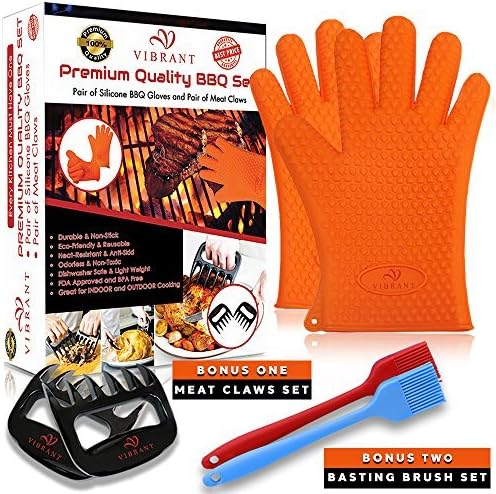 Silicone Heat Resistant BBQ Cooking Gloves ★ With Two FREE Bonus Items - Meat Claws Set &amp; Basting Brush Set