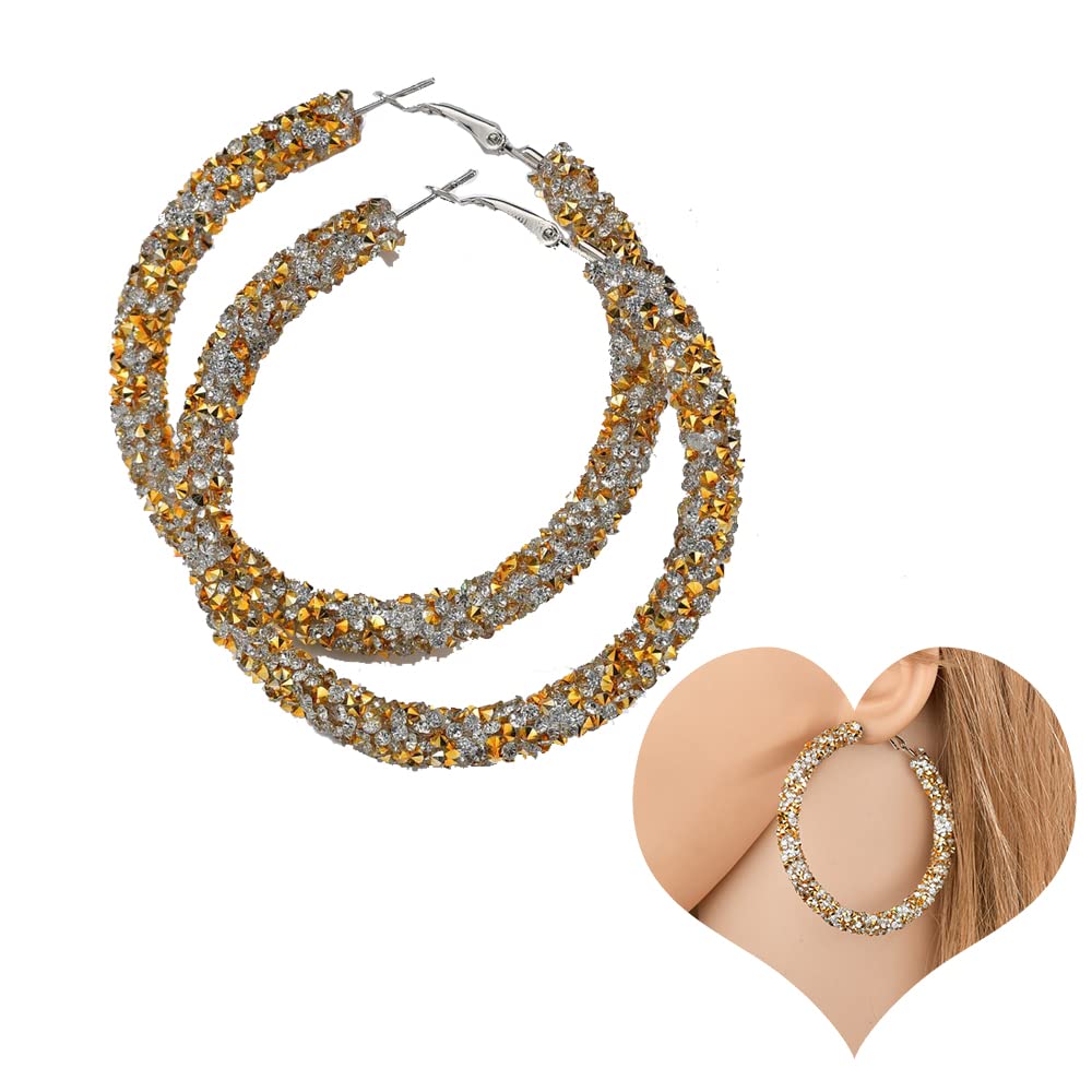 Anglacesmade Bridal CZ Crystal Hoop Earrings Sparkling Rhinestone Large Round Loop Earrings Crystal Paved Wedding Prom Party Festival Jewelry for Women and Girls (Gold)