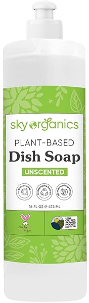 SKY ORGANICS PLANT-BASED UNSCENTED DISH SOAP, USDA BIO-BASED, NON-TOXIC BIODEGRADABLE FORMULA FOR HOUSEHOLD CLEANING, 16 FL. OZ