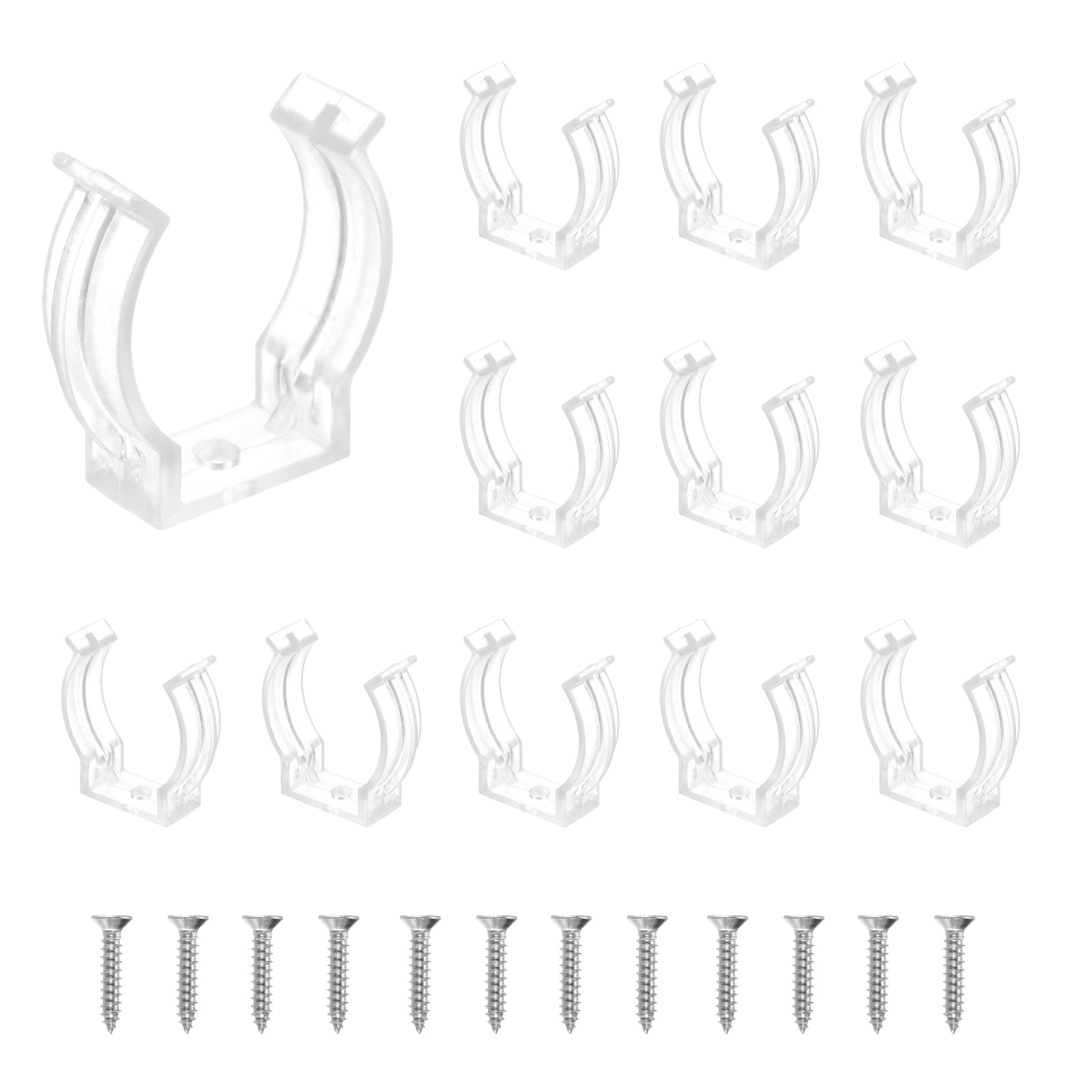Photo 1 of MECCANIXITY T10 U Clips Holder Bracket Fluorescent Tube Light Fixture Plastic Pipe Clamps with Screws for LED Bulbs Ceiling Lamp, Clear, Pack of 12