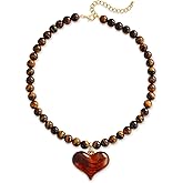 FILMOON Chunky Stone Beaded Necklace Amber Puffy Resin Heart Pendant Necklace for Women - Tiger Eye Vintage Boho Choker Adjustable Statement Jewelry Gift