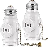 2-Pack E26 Light Socket Adapter - Converts Medium Screw Socket to Two Outlets With Pull Chain Switch - UL Listed, White