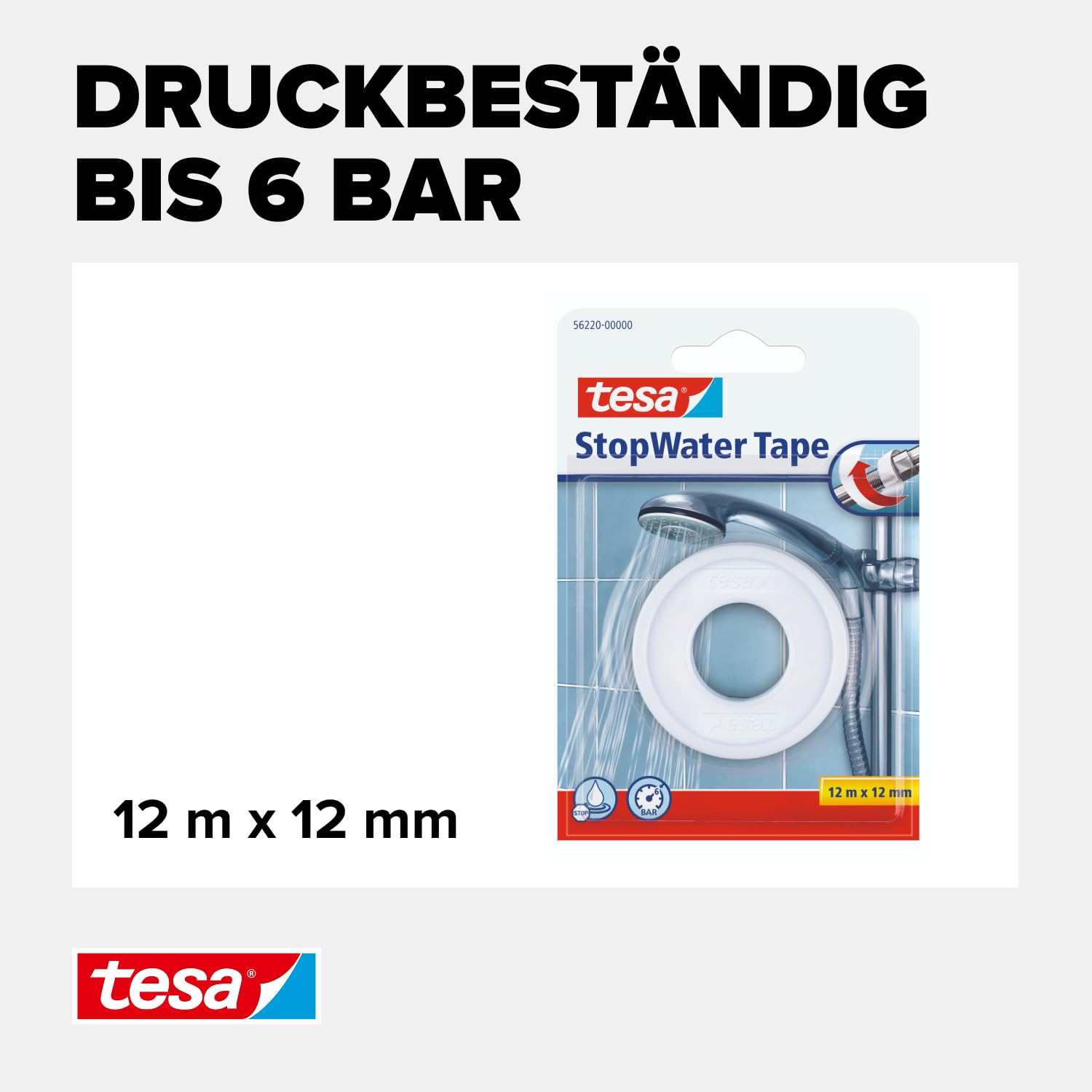 tesa Dichtungsband StopWater, wasserfestes Abdichten, Druckbeständigkeit bis zu 6 bar, einfache Anwendung, 12m x 12mm, weiss 3