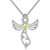 JiaYangJY Little Guardian Angel Necklace 925 Sterling Silver with Heart Birthstone Angel Wing Pendant Unique Gifts for Her