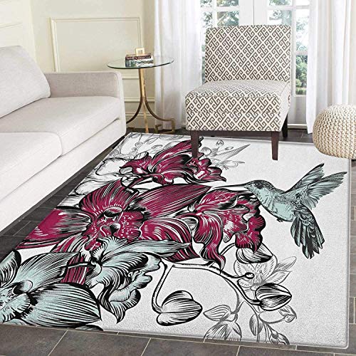 Hummingbird Rugs for Bedroom Orchid Flowers Bouquet and A Hummingbird Nature Wildlife Artistic Design Print Circle Rugs for Living Room 2'x3' Burgundy