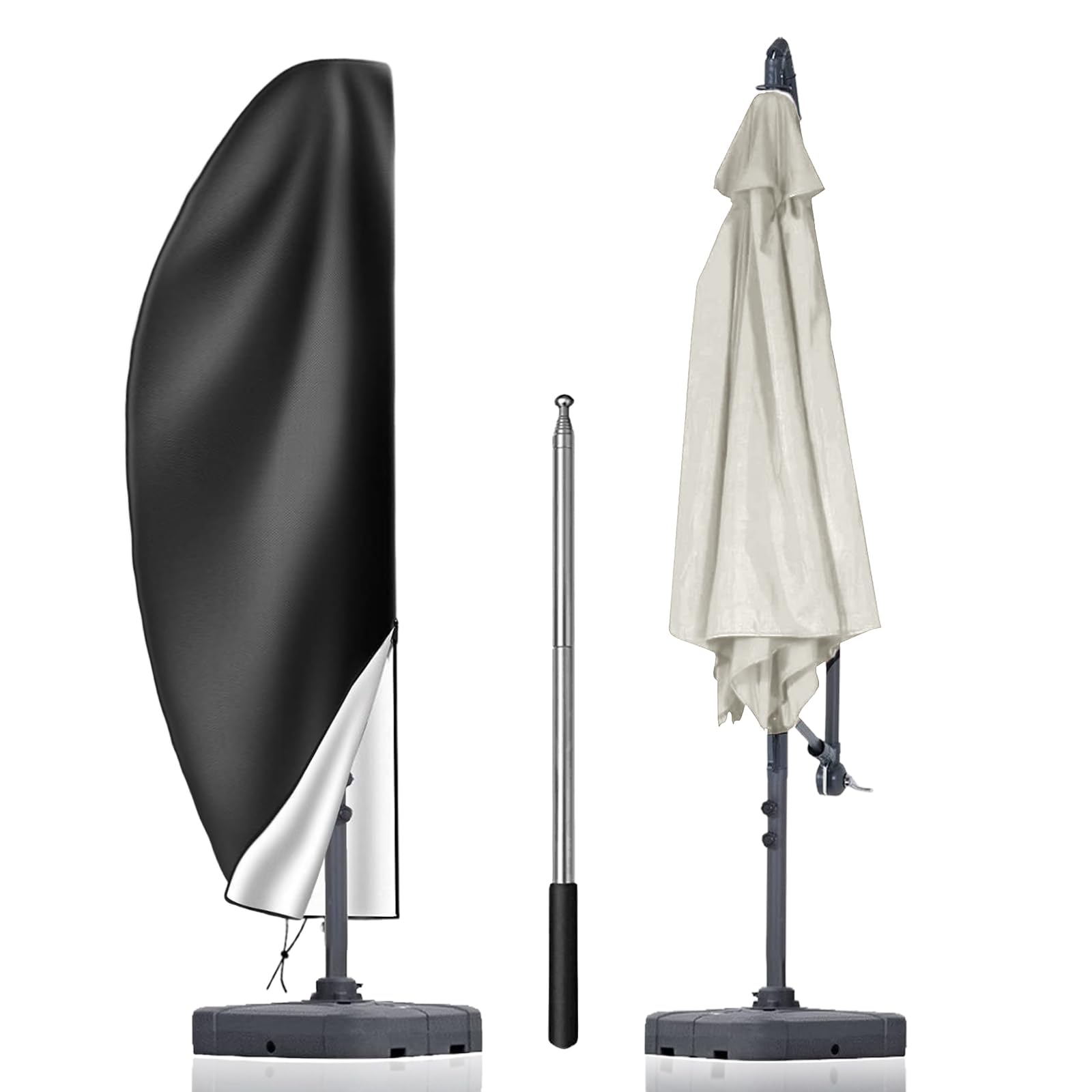 AMFUN Parasol Cover Waterproof,420D Cantilever Parasol Protective Cover with Telescopic Pole and Zipper for 9-11FT Parasols,Long Zip and Adjustable Drawstring Cord-Black-265CM(50*70*40cm)