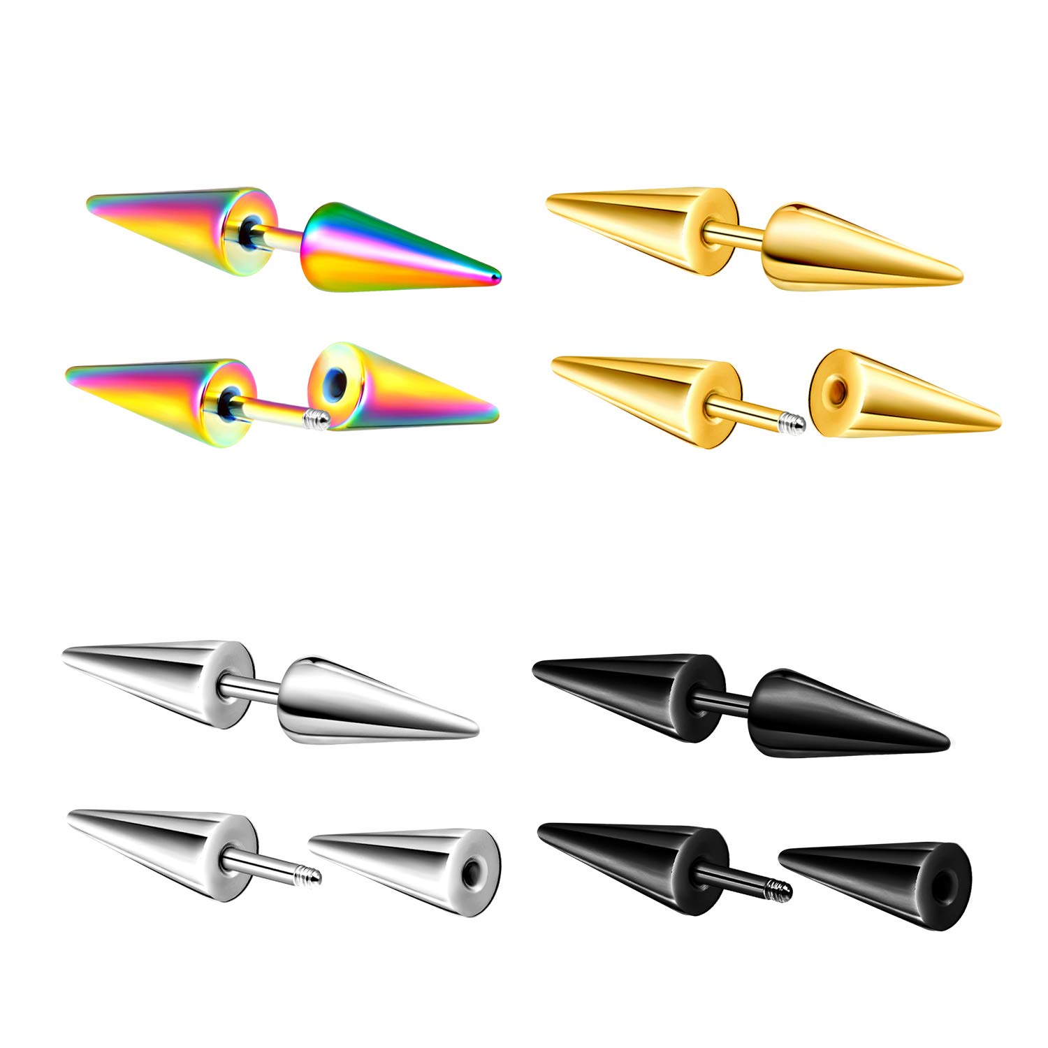 4 Pairs Double Spike Stainless Steel Mens Womens Stud Earrings