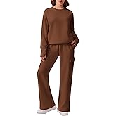 PINSPARK 2 Piece Sets for Women 2025 Fleece Sweatsuits Oversized Sweatshirts Wide Leg Cargo Sweatpants with Pockets Thumbhole