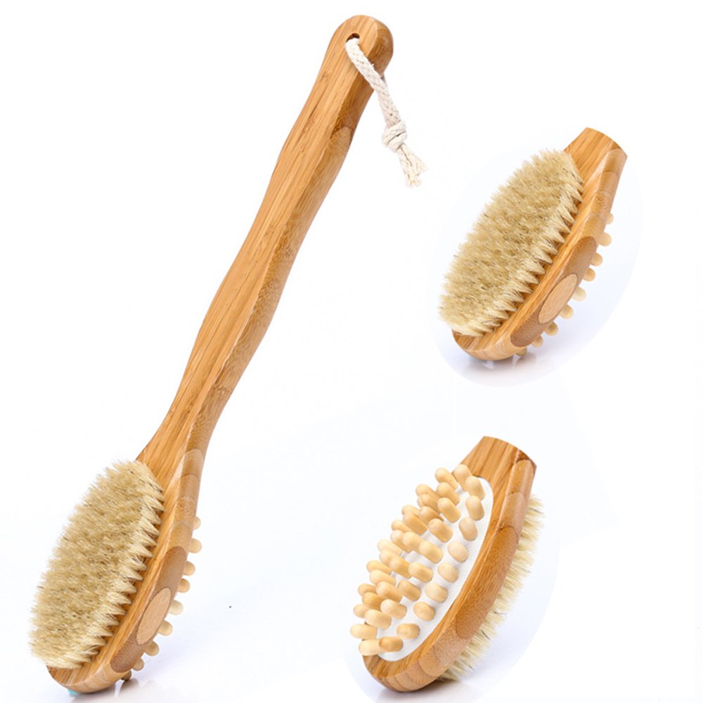 Bath Brush,Back Scrubber,Aneky Soft Natural Bristles Back Brush with Long Handle for Exfoliating Skin & Wood Beads for Massage - Use Wet or Dry -Suitable for Men and Women