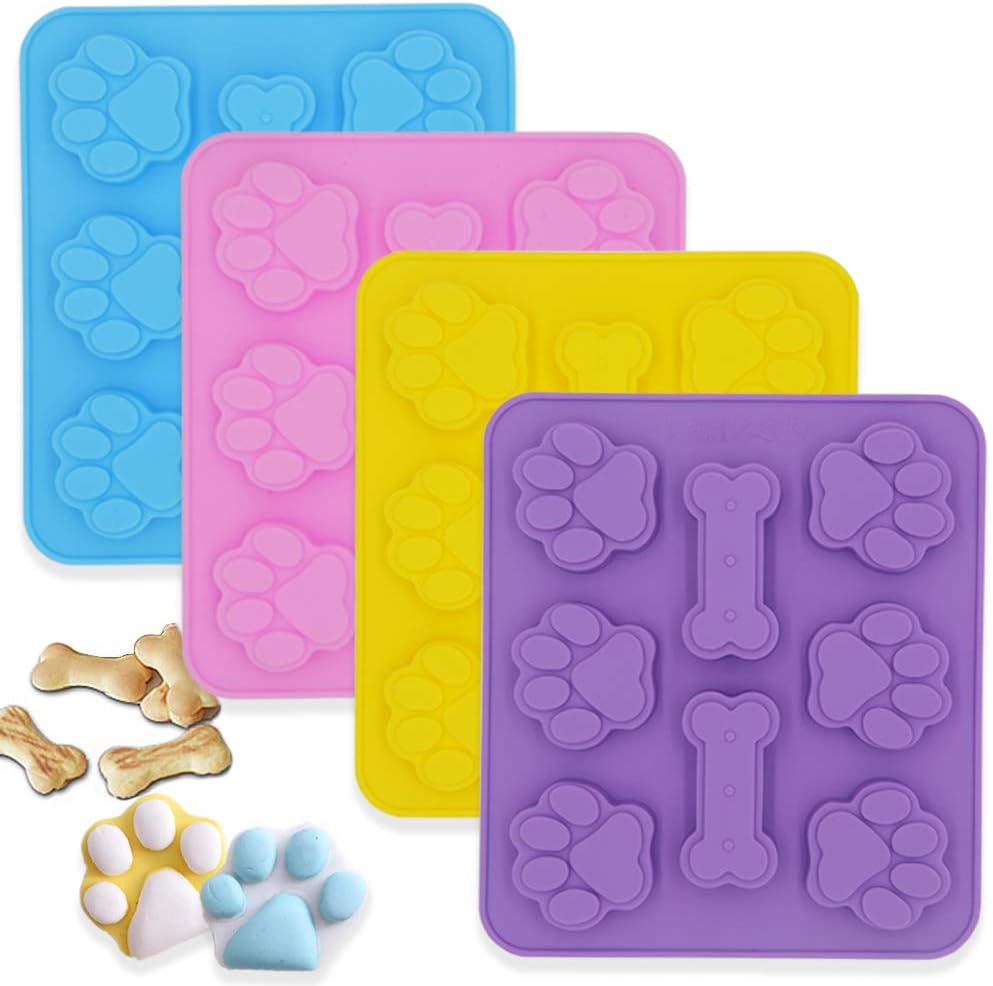 IHUIXINHE 4PCS Silicone Molds Puppy Dog Paw & Bone Shaped 2 in 1, 8 Cavity,Reusable Ice Candy Trays Chocolate Cookies Baking Pans, Oven Microwave Freezer Dishwasher Safe-Pink, Blue, Purple, Yellow