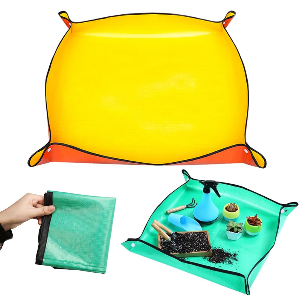 TRKETK 2 Pcs Plant Re-potting Pad, Gardening Pot Pad Waterproof Gardening Mat Portable Potting Plant Transplanting Mat Fold-able Transplanting Pot Pad for Indoor Garden Plant Care(Green+ Yellow)