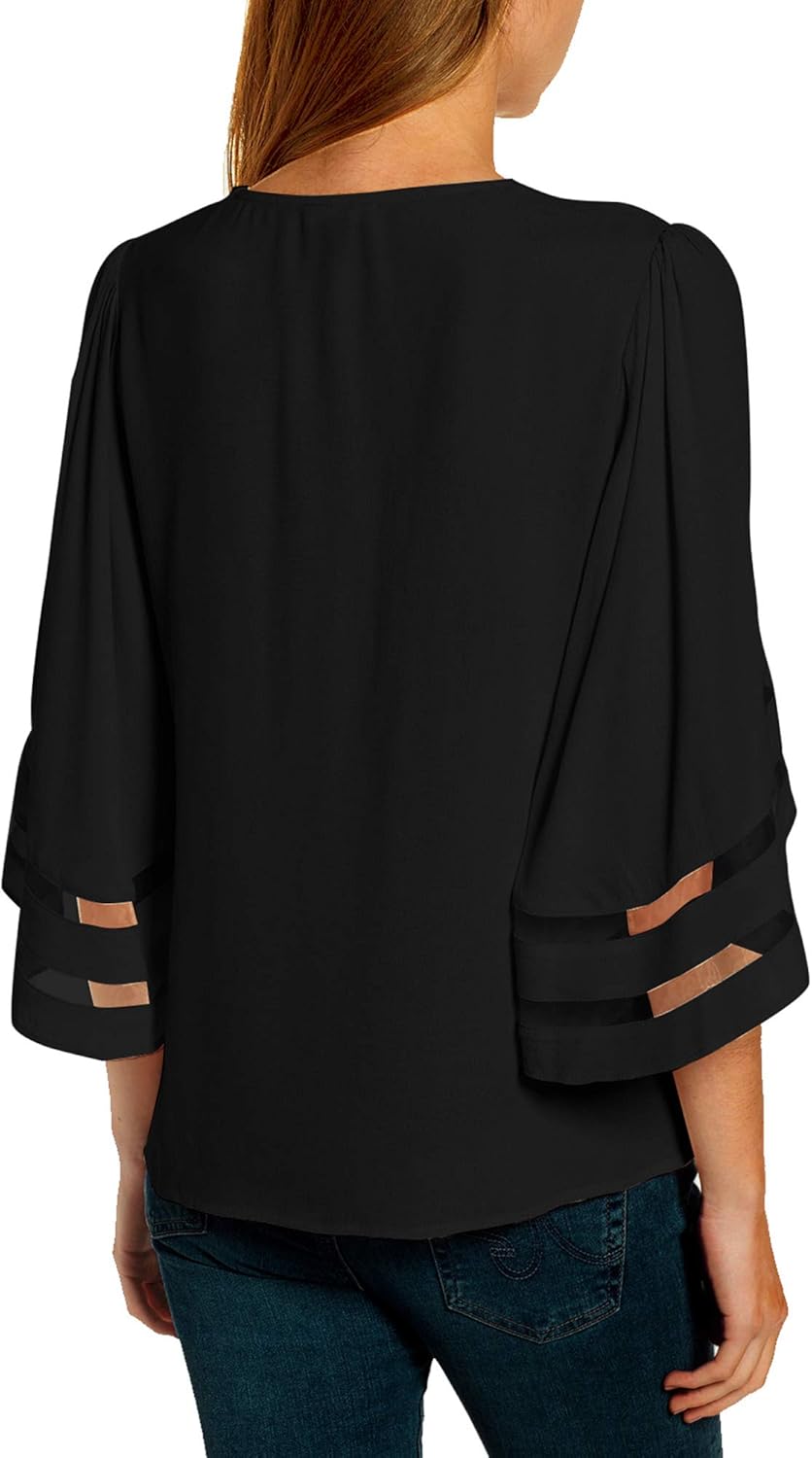 Vetinee Women's 3/4 Bell Sleeve Shirt Mesh Panel Blouse V Neck Casual Loose Tops at  Women’s Clothing store