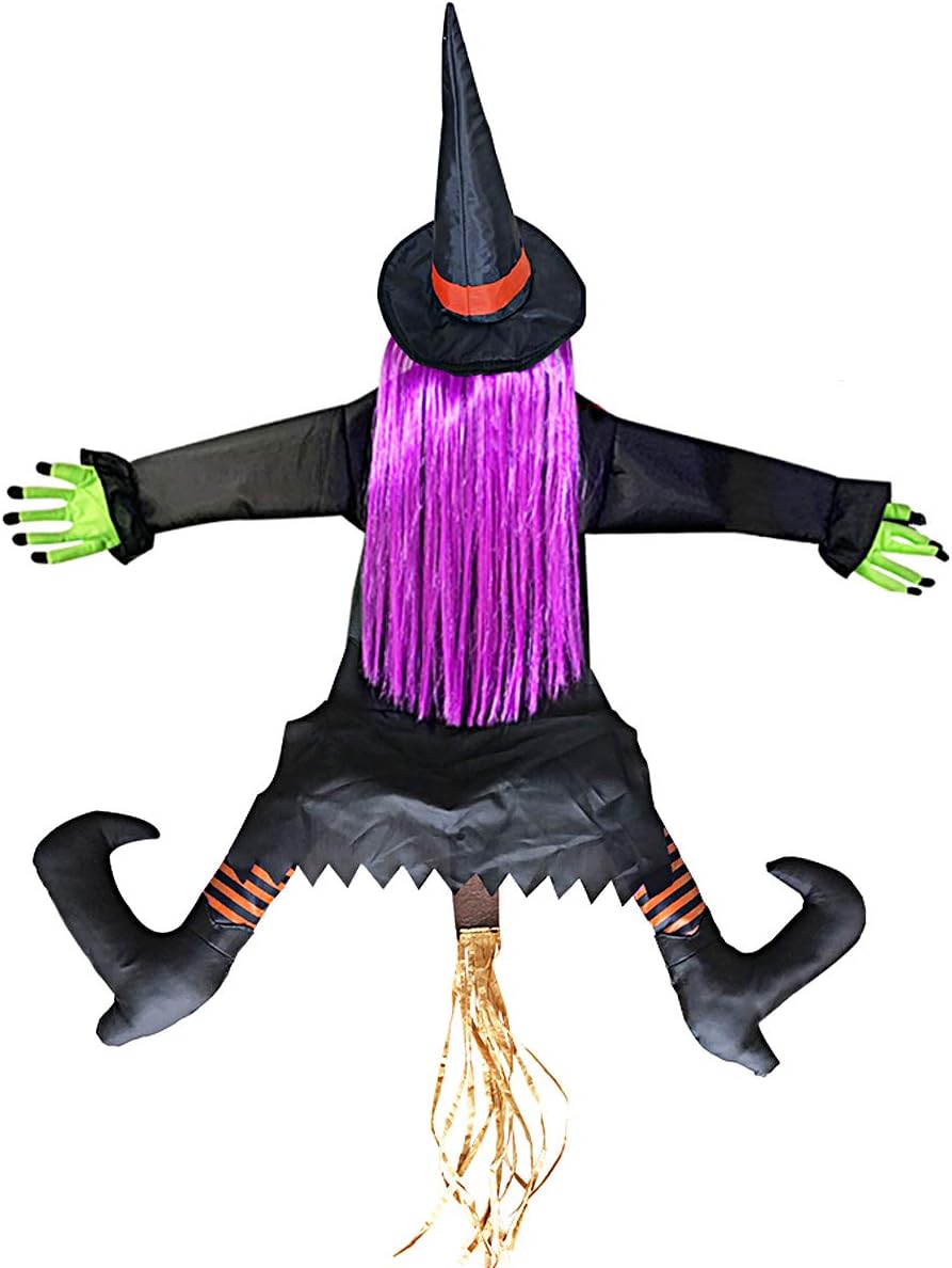 (53.5 Inch Tall) Life Size Witch Crashing Into Tree Door Column Outdoor Halloween Decoration, Funny Halloween Witch Ornaments Decor, Lightweight Reusable Halloween Hanging Decorations : Garden & Outdoor