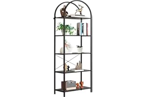Modern Arched 5-Tier Bookshelf Tall Metal-Framed Open Storage Rack with Large Wooden Shelves for Elegant Home & Office Displa