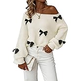 Verdusa Women's Off Shoulder Sweater Coquette Bow Long Sleeve Fall Sweaters Clothes Cozy Knit Tops