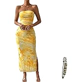 Yazinie Summer Dresses for Women Strapless Slim Bodycon Dress Side Slit Tube Top Dress Ink Painting Formal Dresses
