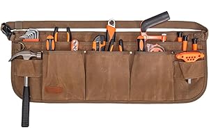 Tool Waist Apron, Heavy Duty Waxed Canvas Tool Belt, Waist Tool Belt with 10 Pockets and 2 Hammer Loops, Adjustable Length (K