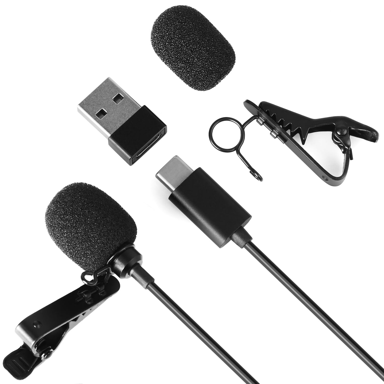 Daffodil MCP150B USB-C Lavalier Microphone – Omnidirectional Clip-on Lapel Condenser Mic for Smartphone, Tablet, Android, Laptop, Podcast, Vlog, Mobile Recording with USB Adapter - Black