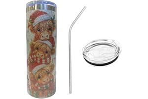 Festive Highland Cow Christmas Glitter Tumbler – 20oz Stainless Steel Cup with Metal Straw | Silver Sparkle Finish, Double-Si