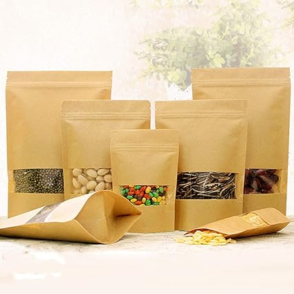 Amazon Wrightjp 食品収納袋 密閉袋 ジップ袋 自立袋 クラフト紙袋 窓付き チャック付き 耐油角底袋 食品級 ヒートシーラー使用可能 お菓子 クッキー チョコレート ラッピング 保存 包装50pcs Wrightjp 包装用品