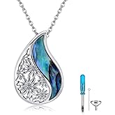 SNOWELLE Flower Teardrop Urn Necklace for Ashes 925 Sterling Silver Abalone Shellfish Keepsake Cremation Pendant Memorial Jewelry for Women
