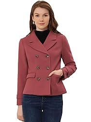 Allegra K Women's Notched Lapel Double Breasted Pea